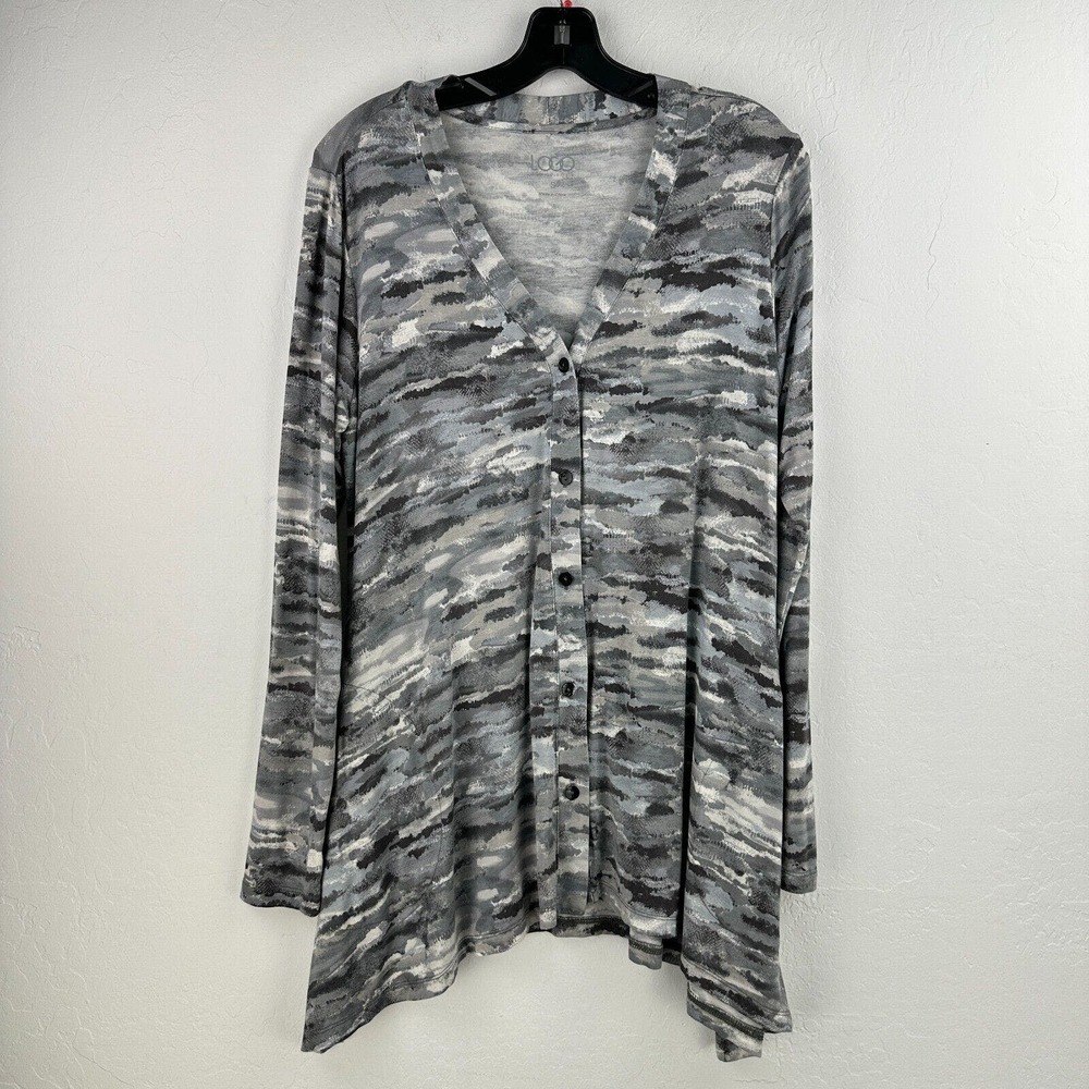 LOGO Lori Goldstein Cardigan Women S Gray White Button Long‎ Sleeve Asymmetrical